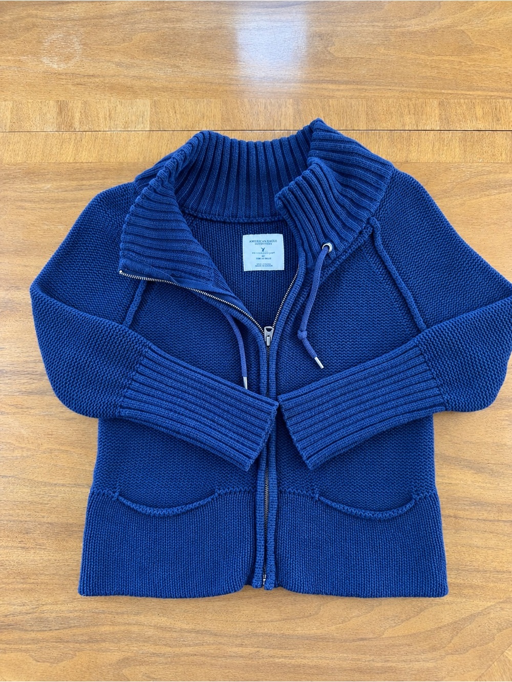Women’s Navy Full-Zip Knit Jacket with Shawl Collar